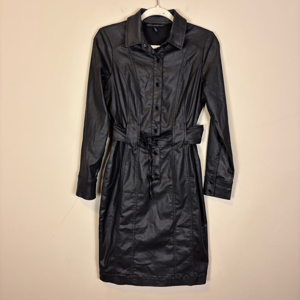 White House Black Market Black Faux Leather Collared Long Sleeve Dress 6